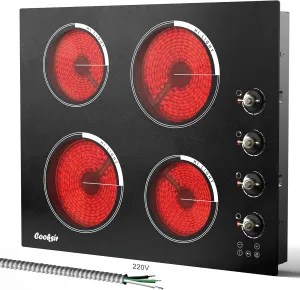 24 Inch Electric Cooktop - 4 Burner Built-in Glass Ceramic Stovetop 6000W, 220-240V Electric Stove Touch and Knob Control, Safety Lock, Pause, 99 Min Timer, 240V Hard Wire(No Plug)