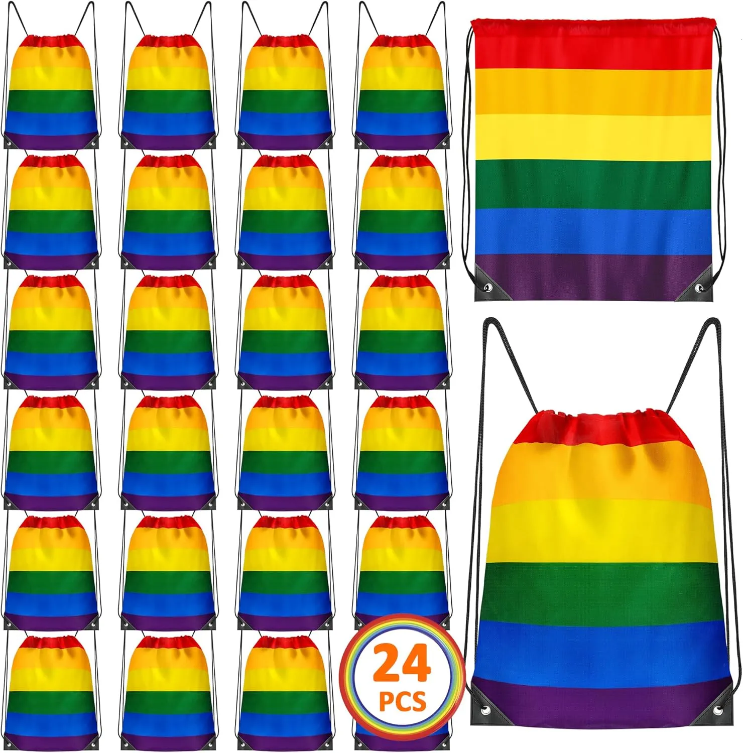 24 Pack Drawstring Bags, Polyester Rainbow Accessories for Pride Month Gifts, Six-Color Stripes LGBT Drawstring Backpack, Adjustable PU Buckle Pride Drawstring Bags for Lesbian Gift Gay Stuff