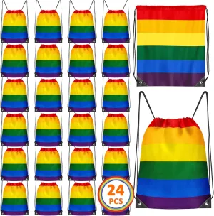 24 Pack Drawstring Bags, Polyester Rainbow Accessories for Pride Month Gifts, Six-Color Stripes LGBT Drawstring Backpack, Adjustable PU Buckle Pride Drawstring Bags for Lesbian Gift Gay Stuff