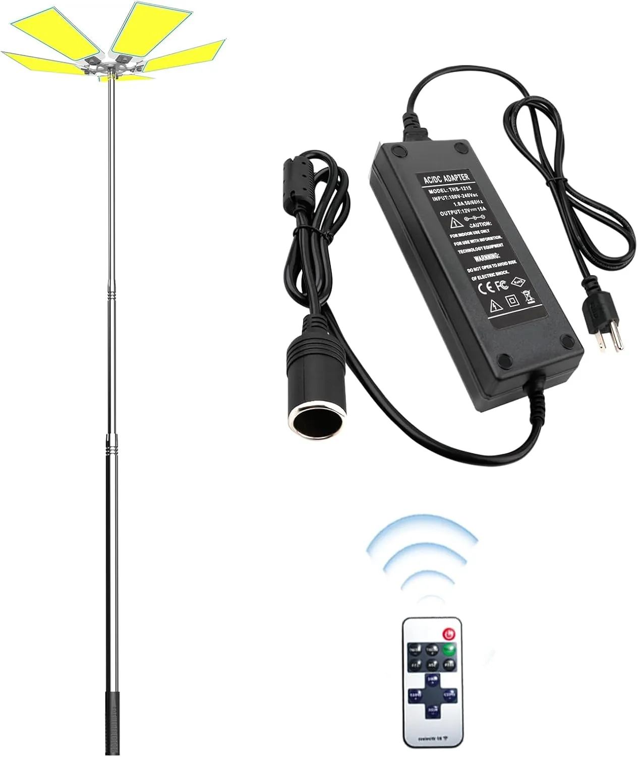 25000lm LED Telescopic Camping Lights Portable Outdoor with Remote and Ac to Dc 110V to 12V Converter