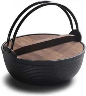 29cm Cast Iron Stew Pot with Wood Cover Soup Pot Sukiyaki Stew Pot Uncoated Outdoor Field Hanging Pot