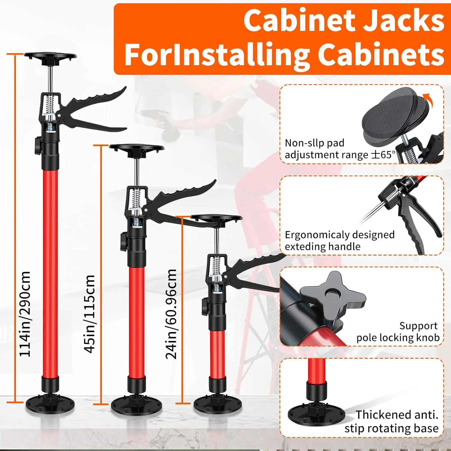 2Pack Cabinet Jacks for Installing Cabinets, Adjustable Support Pole 12" to 24" Premium Steel Support Rod, Third Hand Tool for Installation for Drywall Jack& Cargo Bars, 132 LB Capacity