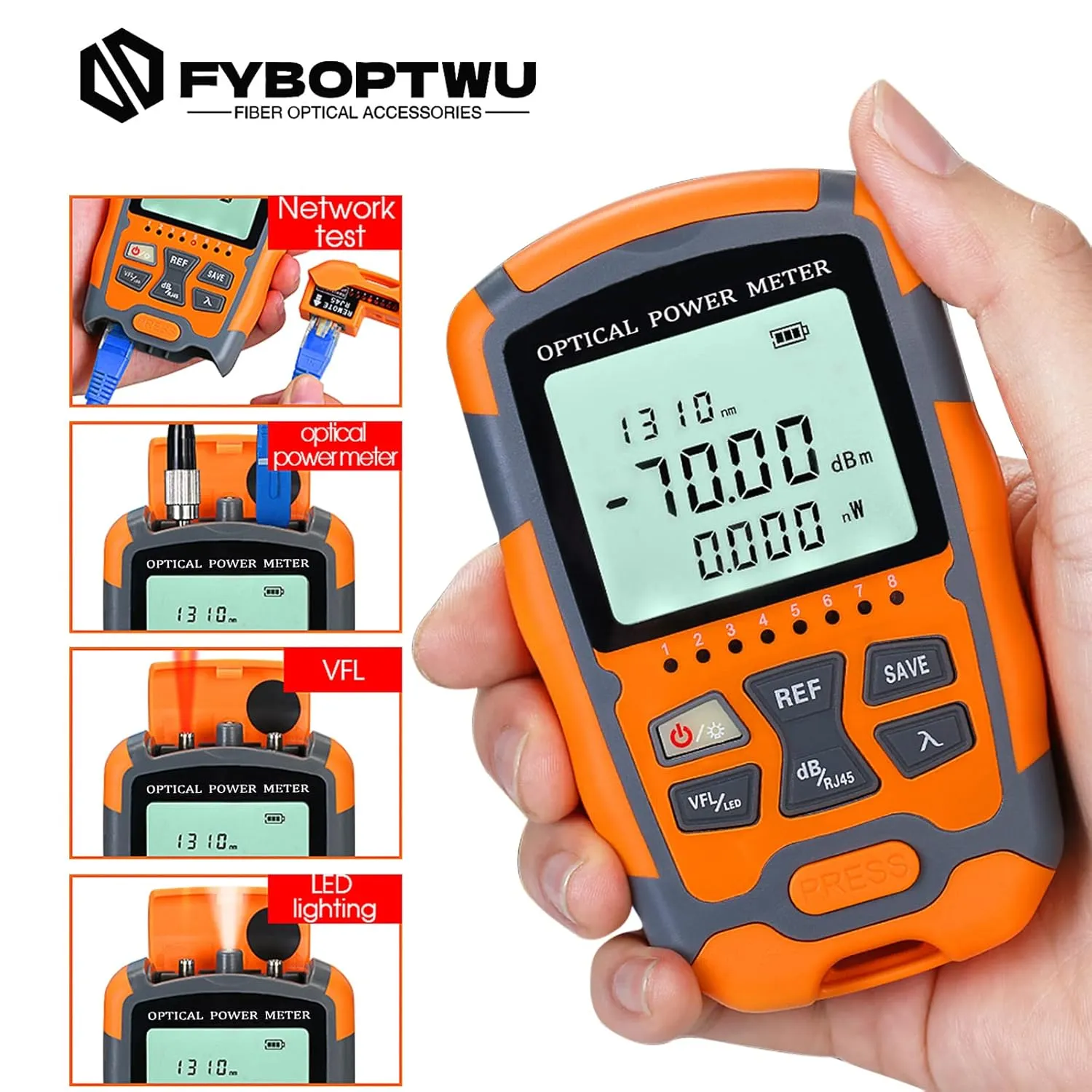 2pcs 4 in 1 Function VFL-10 Visual Fault Locator & OPM Portable Optical Power Meter (FC/SC/ST) & RJ45 Network Test & LED Lighting, Portable Fiber Optic Tester, Range: (-70) dBm ~ ( 10) dBm