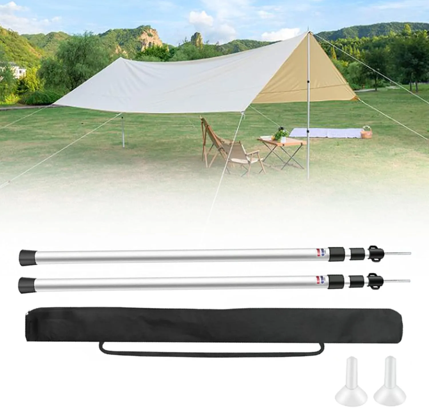 2PCs Aluminum Adjustable Tarp Poles, Telescoping Aluminum Rods Portable Awning Poles Telescoping Lightweight Tent Poles Universal Wind Support Pole for Camping, Backpacking, Hiking