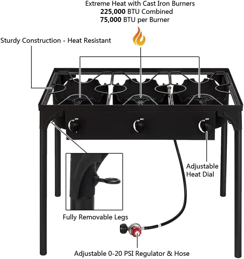 3 Burner Outdoor Gas Stove, 225,000BTU Propane Burners for Outdoor Cooking with 0-20 PSI Adjustable Regulator and 4ft Hose, Outdoor Cooking Stove for Patio Backyard Camping with Detachable Stand Legs