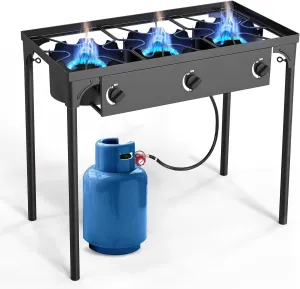 3 Burner Outdoor Gas Stove, 225,000BTU Propane Burners for Outdoor Cooking with 0-20 PSI Adjustable Regulator and 4ft Hose, Outdoor Cooking Stove for Patio Backyard Camping with Detachable Stand Legs