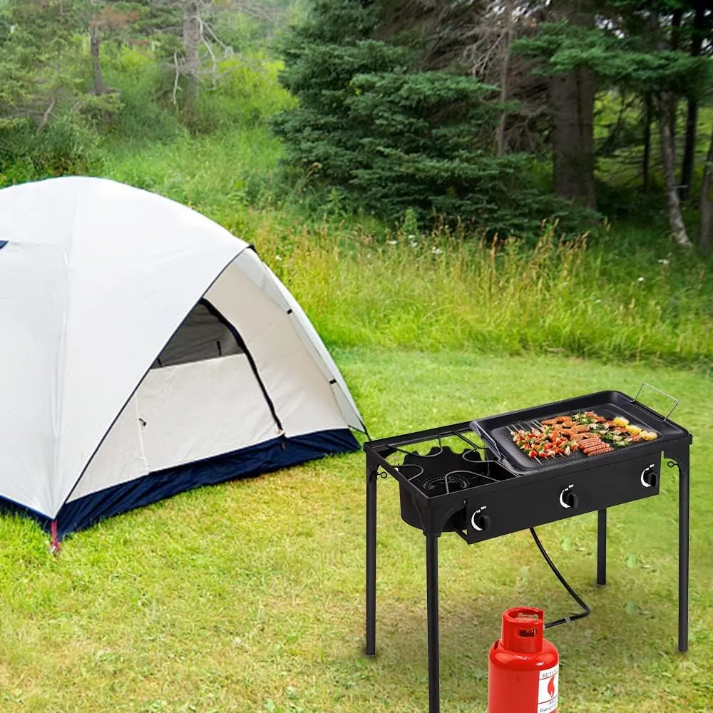 3 Burner Outdoor Gas Stove, 225,000BTU Propane Burners for Outdoor Cooking with 0-20 PSI Adjustable Regulator and 4ft Hose, Outdoor Cooking Stove for Patio Backyard Camping with Detachable Stand Legs