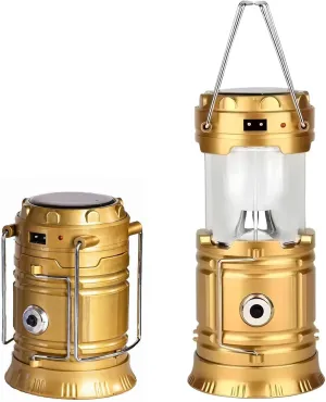 3-in-1 Solar Lantern with USB Rechargeable Flashlight, Golden Metal Emergency Light for Camping & Outdoor Use