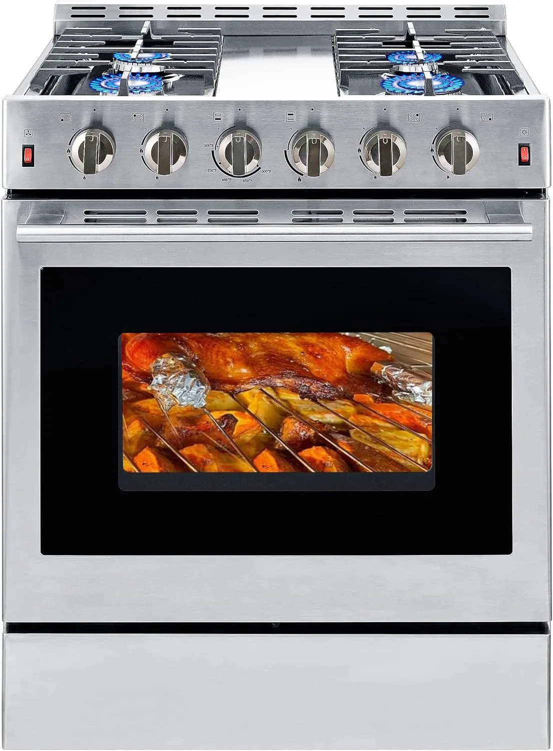 30 inch Gas Range Oven Gas Range Convection Oven Stove Stainless Steel Freestanding 5.56 cu.ft.4 Burners 42000BTU Large 3 Layers Tempered Glass Door Heavy Duty