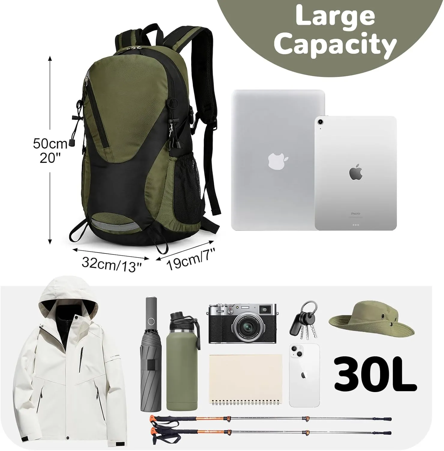 30L Hiking Backpack Men Women, Lightweight Rucksack Backpack with Adjustable Chest Strap, Nylon Casual Daypack Backpack for Camping Biking Outdoor Cycling, Green