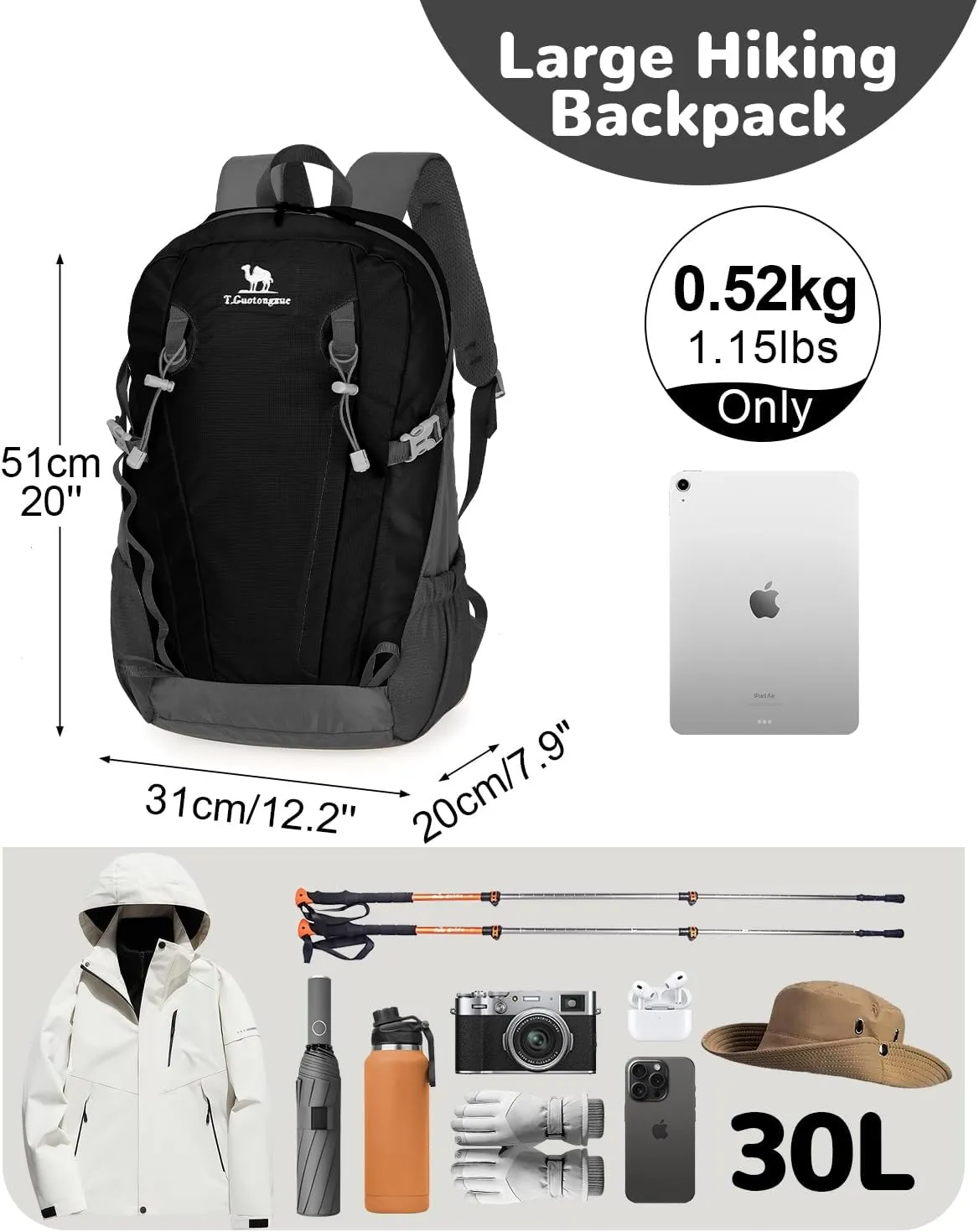 30L Hiking Daypack for Men Women, Large Travel Hiking Backpack with Anti Theft Pocket & Chest Strap, Breathable Waterproof Outdoor Rucking Backpack for Camping, Black