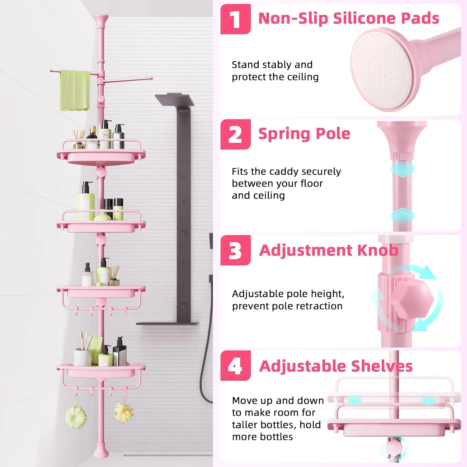 32-122inch Corner Shower Caddy Tension Pole Pink, Rustproof Drill-Free Shower Shelves for Bathroom Bathtub Washbasin, Adjustable Shower Organizer with 4 Tier Patent Stable Shelves & Towel Bars