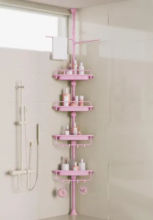 32-122inch Corner Shower Caddy Tension Pole Pink, Rustproof Drill-Free Shower Shelves for Bathroom Bathtub Washbasin, Adjustable Shower Organizer with 4 Tier Patent Stable Shelves & Towel Bars
