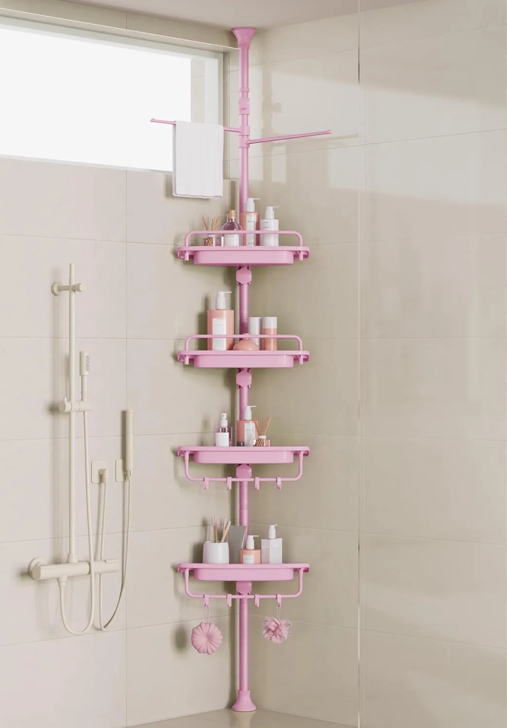 32-122inch Corner Shower Caddy Tension Pole Pink, Rustproof Drill-Free Shower Shelves for Bathroom Bathtub Washbasin, Adjustable Shower Organizer with 4 Tier Patent Stable Shelves & Towel Bars