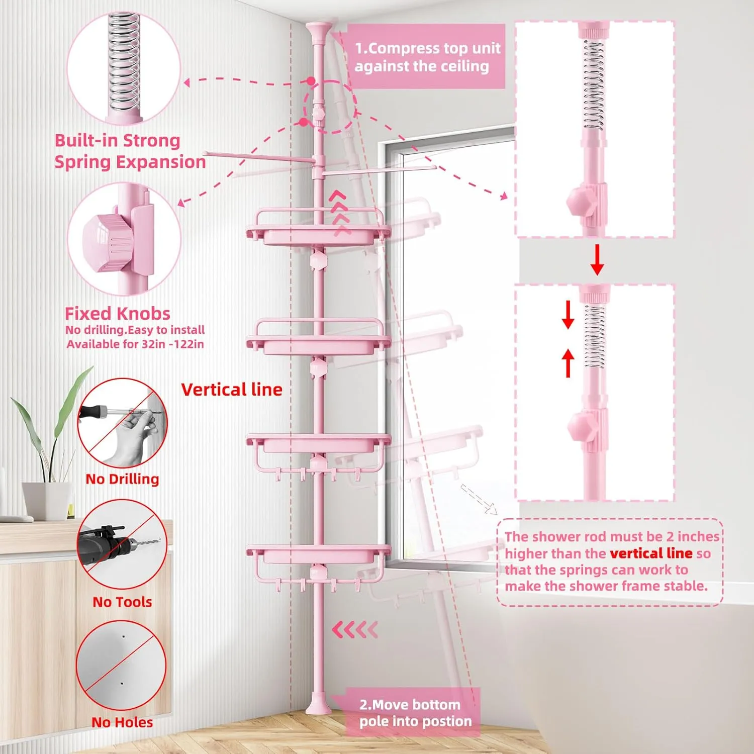 32-122inch Corner Shower Caddy Tension Pole Pink, Rustproof Drill-Free Shower Shelves for Bathroom Bathtub Washbasin, Adjustable Shower Organizer with 4 Tier Patent Stable Shelves & Towel Bars