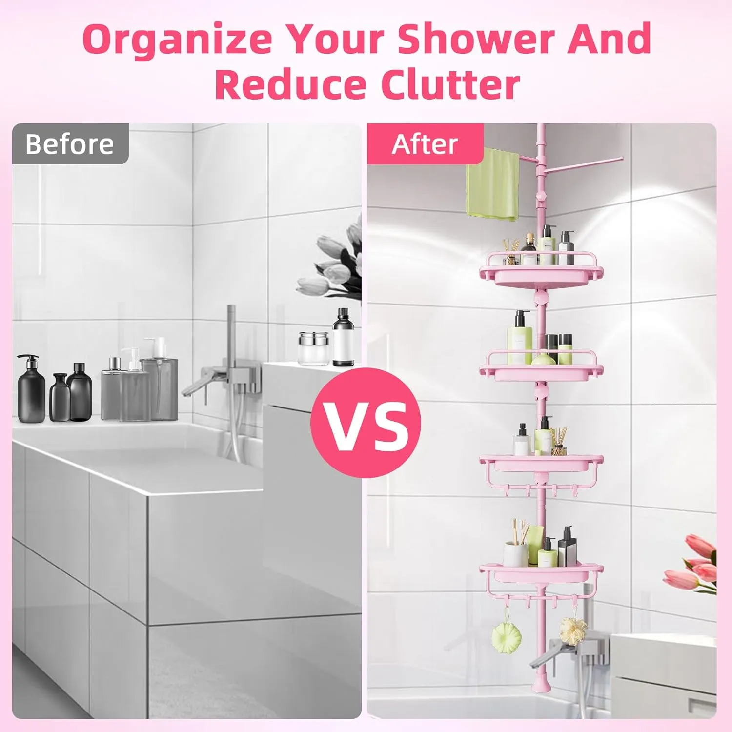 32-122inch Corner Shower Caddy Tension Pole Pink, Rustproof Drill-Free Shower Shelves for Bathroom Bathtub Washbasin, Adjustable Shower Organizer with 4 Tier Patent Stable Shelves & Towel Bars
