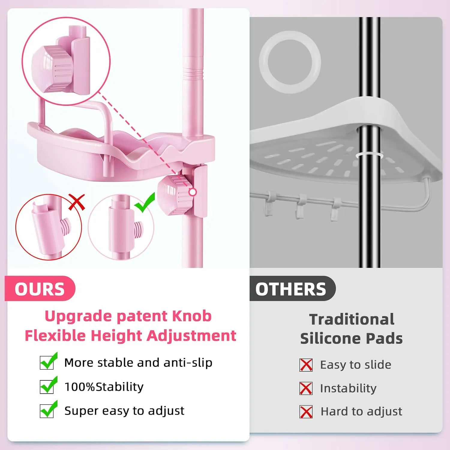32-122inch Corner Shower Caddy Tension Pole Pink, Rustproof Drill-Free Shower Shelves for Bathroom Bathtub Washbasin, Adjustable Shower Organizer with 4 Tier Patent Stable Shelves & Towel Bars