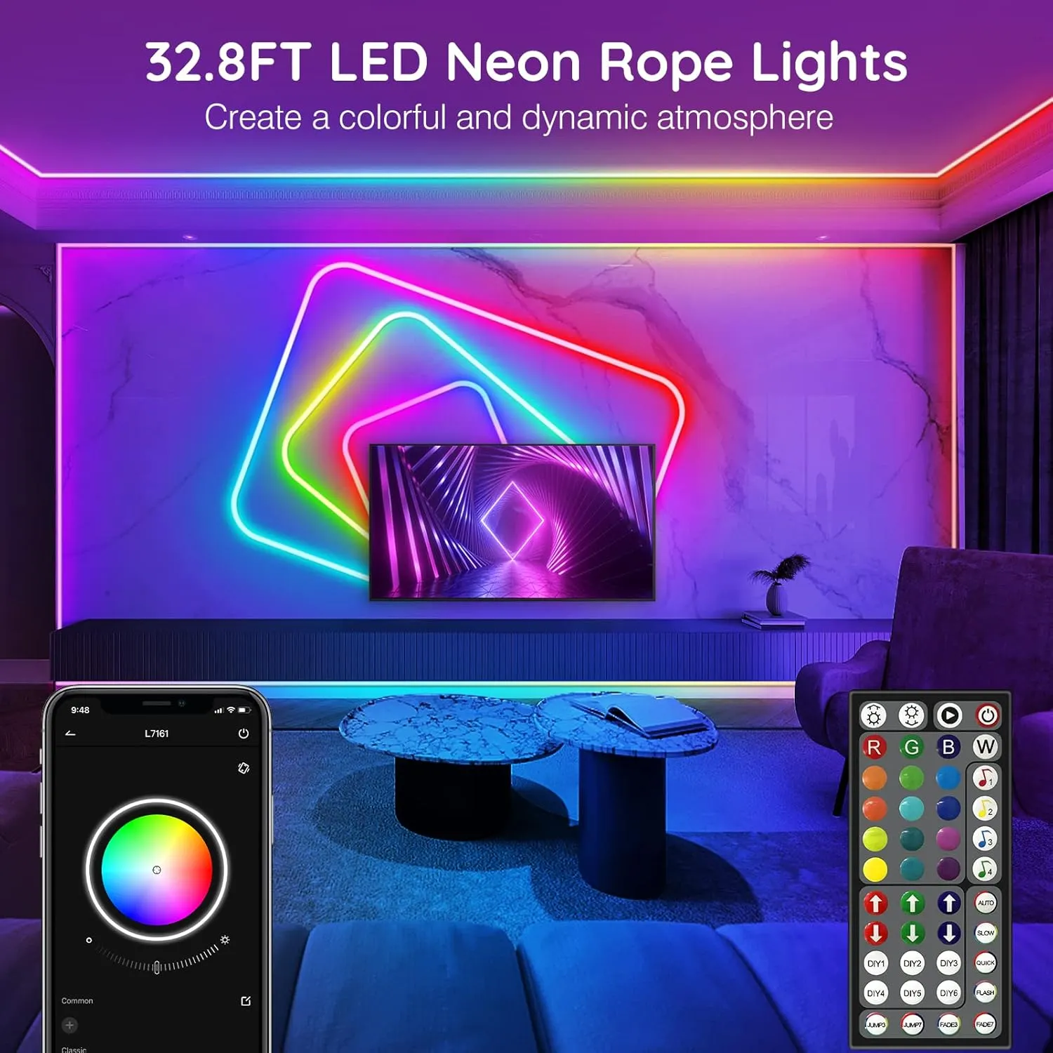 32.8Ft Neon Rope Lights,Flexible Led Rope Lights Control with App/Remote,Multiple Modes Rope Lights,IP65 Outdoor RGB Led Neon Lights Waterproof,Music Sync Gaming Led Neon Light Strip for Bedroom Decor