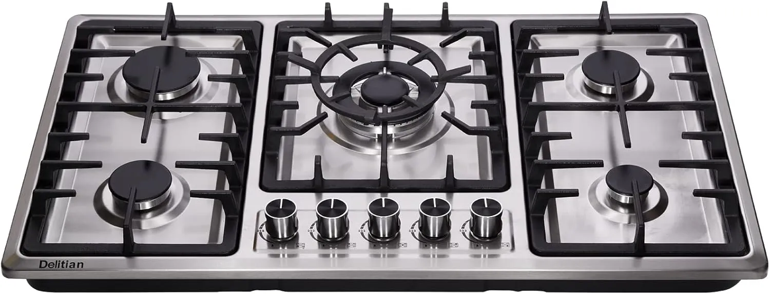 34 Inch Gas Cooktop DT5809 Built-in Stainless Steel 5 Burners Gas Stovetop LPG/NG Convertible Dual Fuel Gas Hob