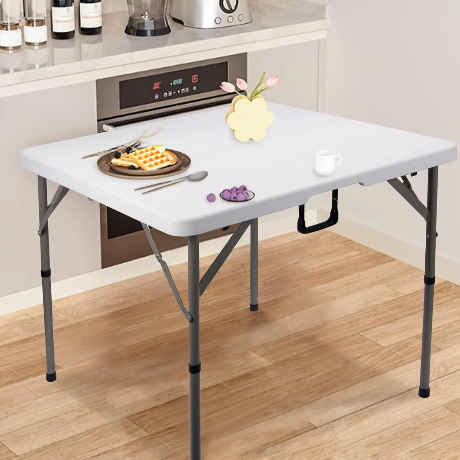 34" Square Folding Card Table, Fold-in-Half Utility Dining Portable Table Heavy Duty HDPE White Plastic Foldable with Carrying Handle Indoor Outdoor for Picnic, Camping, Party