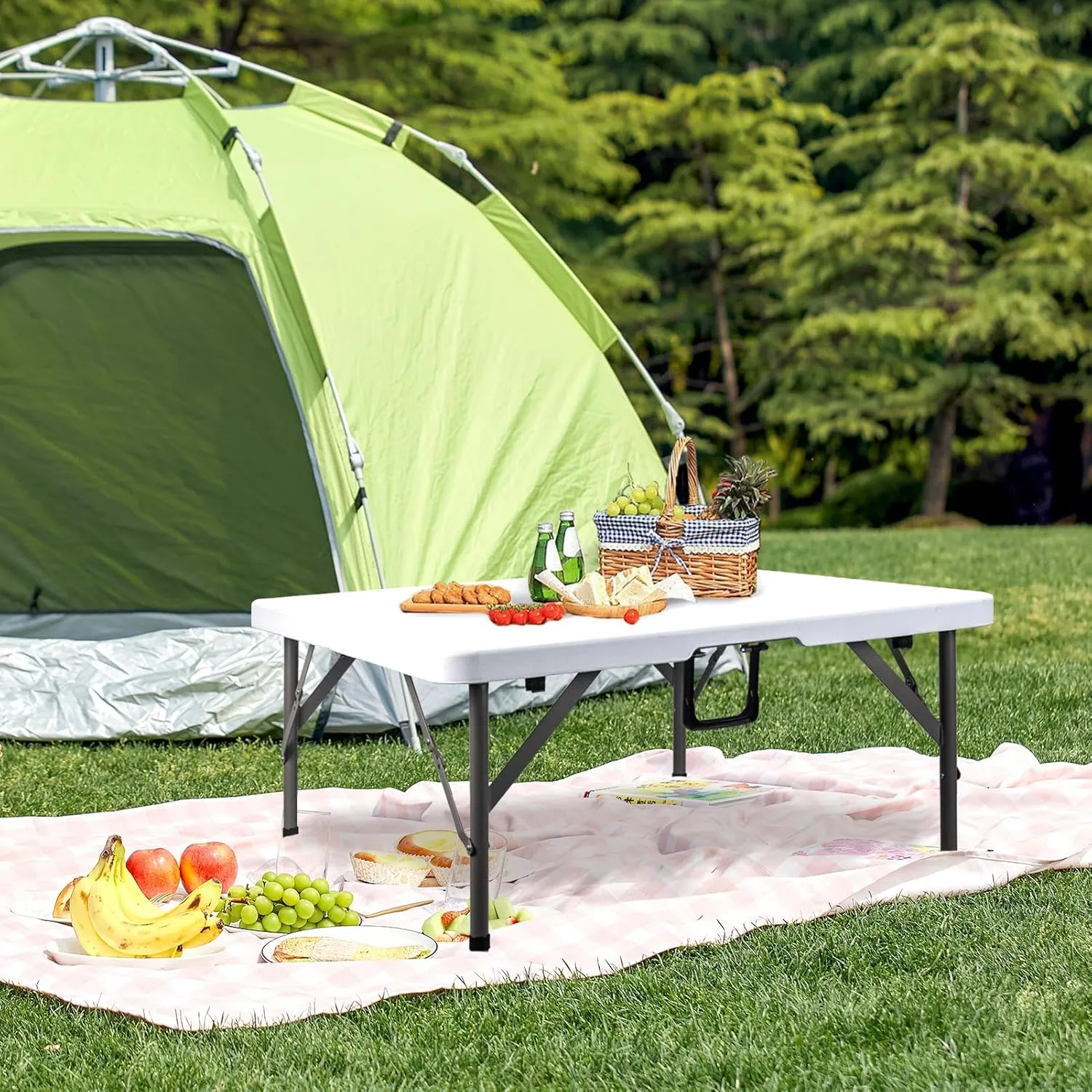 34" Square Folding Card Table, Portable Heavy Duty HDPE Fold-in-Half Utility Dining Table Foldable with Plastic Carrying Handle Indoor Outdoor for Picnic, Camping, Party, White