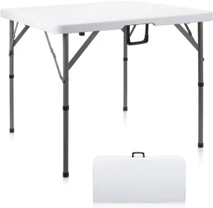 34" Square Folding Card Table, Portable Heavy Duty HDPE Fold-in-Half Utility Dining Table Foldable with Plastic Carrying Handle Indoor Outdoor for Picnic, Camping, Party, White