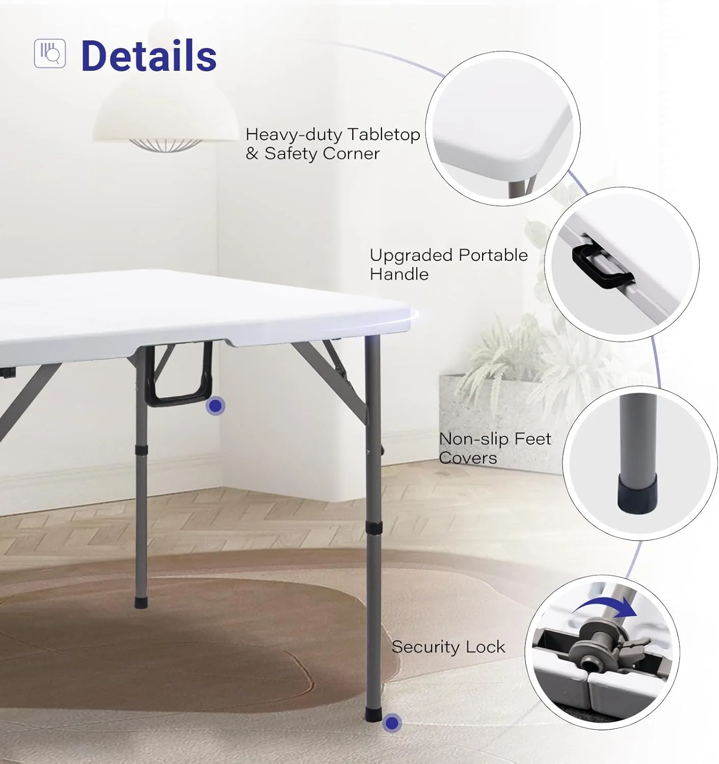 34" Square Folding Card Table, Portable Heavy Duty HDPE Fold-in-Half Utility Dining Table Foldable with Plastic Carrying Handle Indoor Outdoor for Picnic, Camping, Party, White