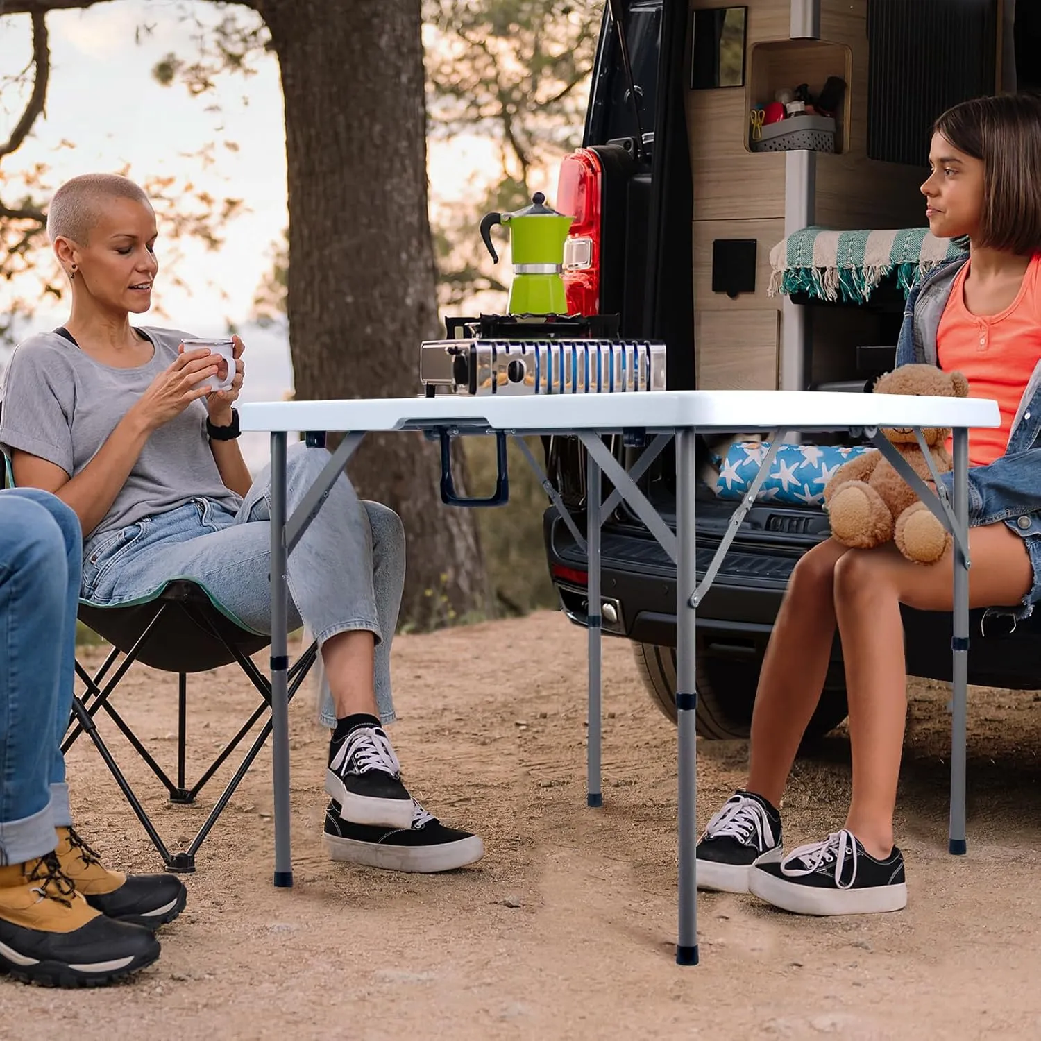 34" Square Folding Card Table, Portable Heavy Duty HDPE Fold-in-Half Utility Dining Table Foldable with Plastic Carrying Handle Indoor Outdoor for Picnic, Camping, Party, White