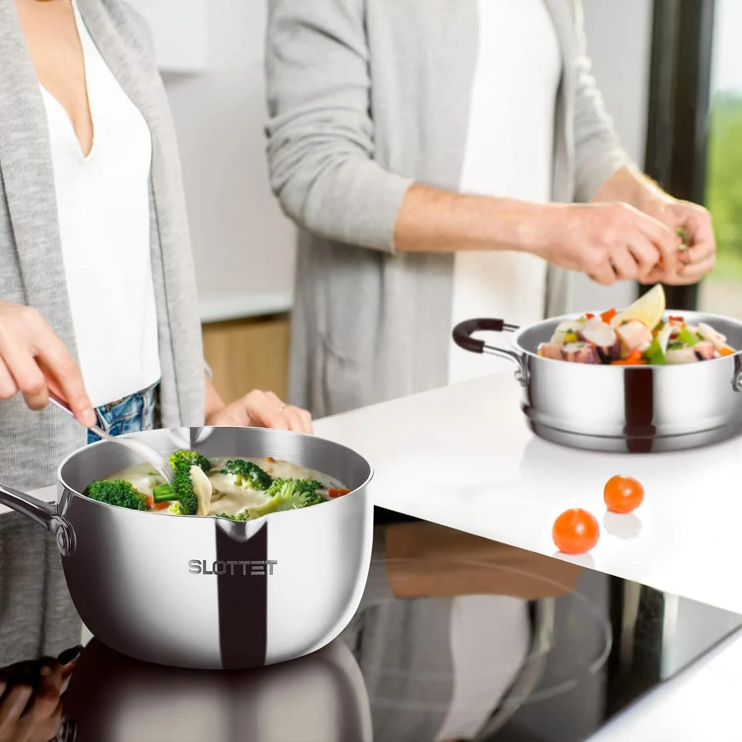 3.5 Quart Stainless Steel Saucepan with Steamer, Tri-Ply Full Body Small Multipurpose Pot with Pour Spout,Strainer Glass Lid, 3 Qt Sauce Pan for Cooking with Stay-cool Handle.