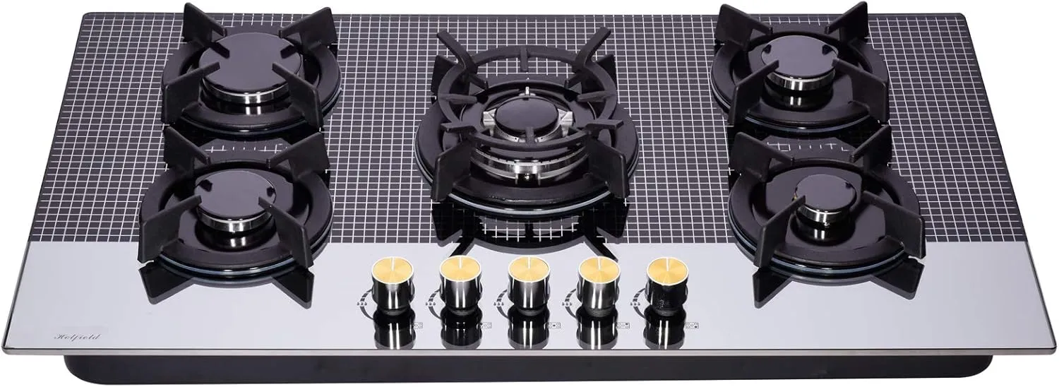 36 Inch Gas Cooktop Tempered Glass 5 Burners Stovetop Dual Fuel Gas Hob NG/LPG Convertible Gas Stove Top HF5198-01 Tempered Glass