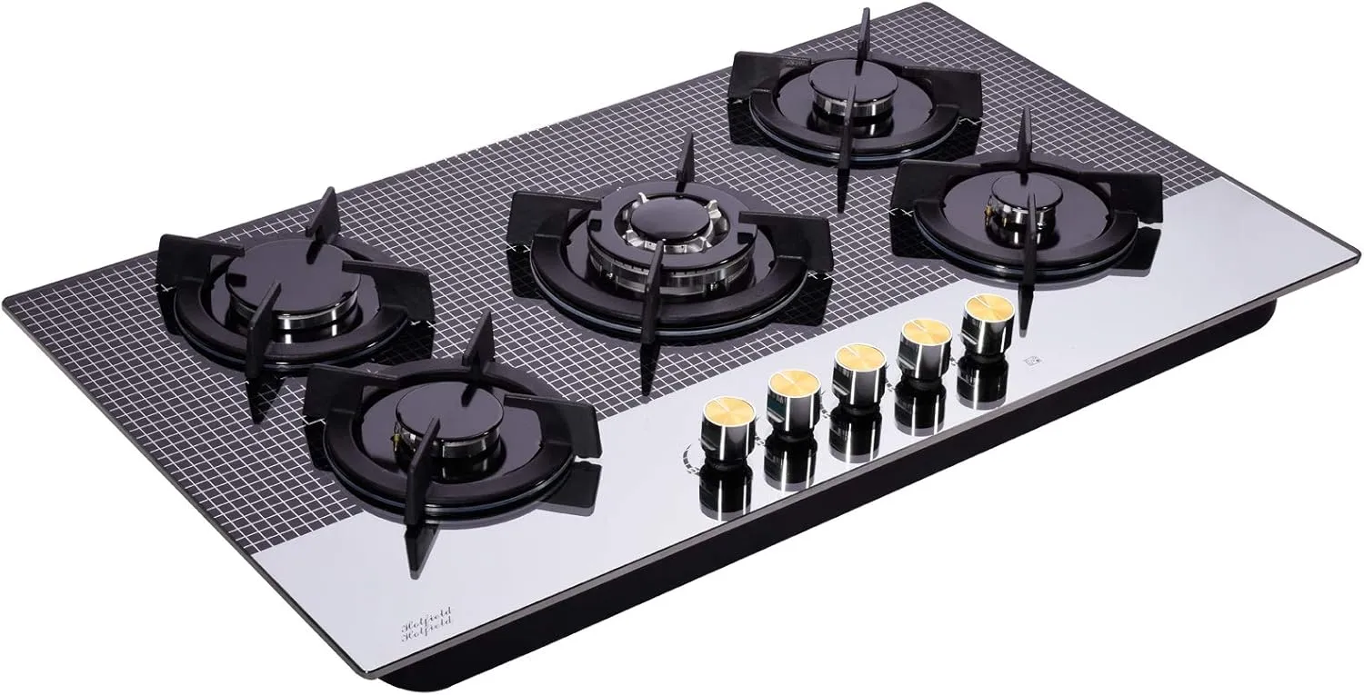 36 Inch Gas Cooktop Tempered Glass 5 Burners Stovetop Dual Fuel Gas Hob NG/LPG Convertible Gas Stove Top HF5198-01 Tempered Glass