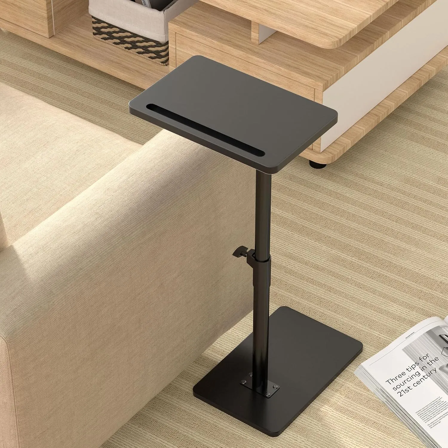 360° Rotatable Sofa Tray Table for Couch Arm - Height Adjustable End Table for Bed or Chair with Phone & Tablet Slots, TV Tray Table, Side Table Tray for Small Spaces（Black,Rectangle）