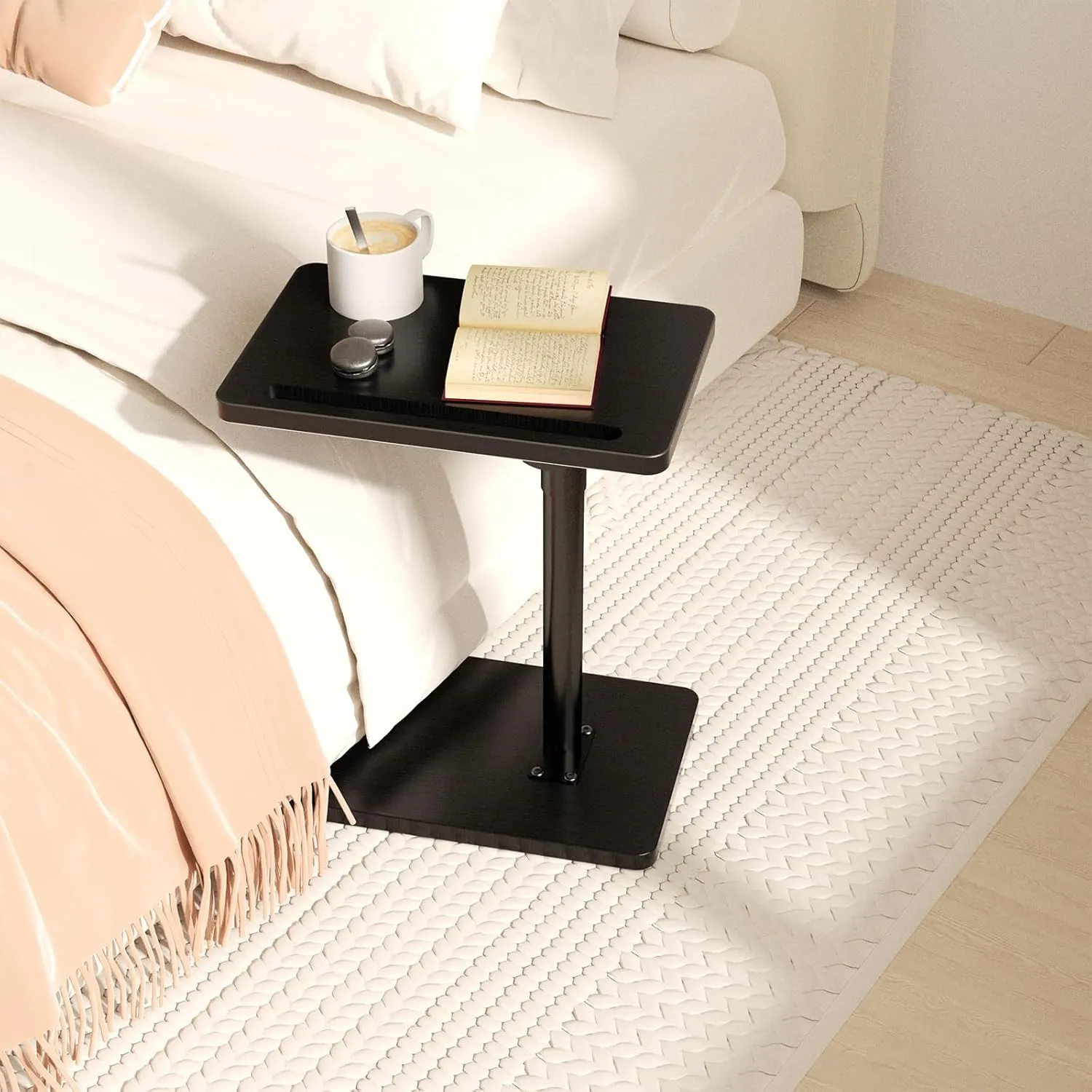 360° Rotatable Sofa Tray Table for Couch Arm - Height Adjustable End Table for Bed or Chair with Phone & Tablet Slots, TV Tray Table, Side Table Tray for Small Spaces（Black,Rectangle）