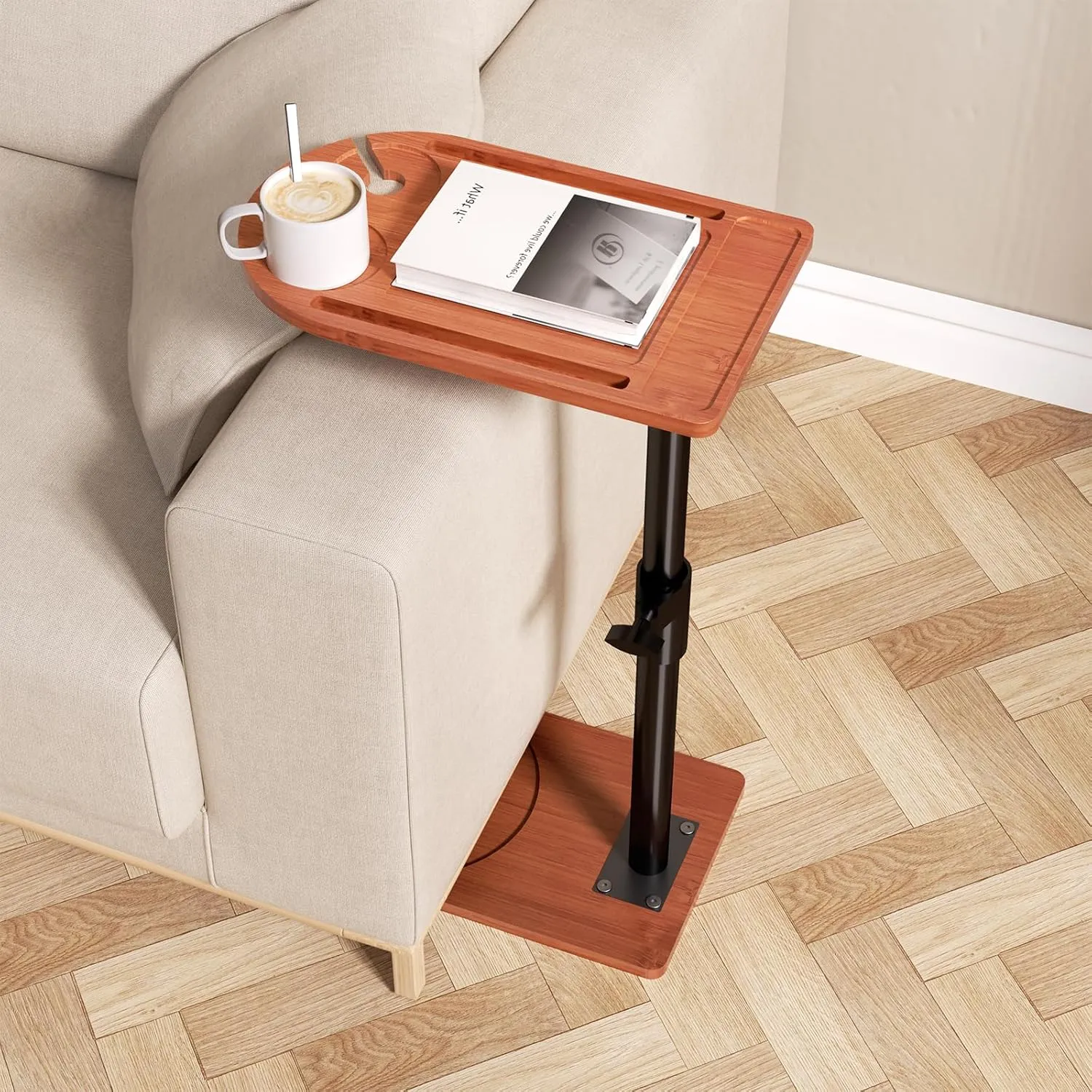 360° Rotatable Sofa Tray Table for Couch Arm - Height Adjustable End Table for Bed or Chair with Phone & Tablet Slots, TV Tray Table, Side Table Tray for Small Spaces（Mahogany,Arc）