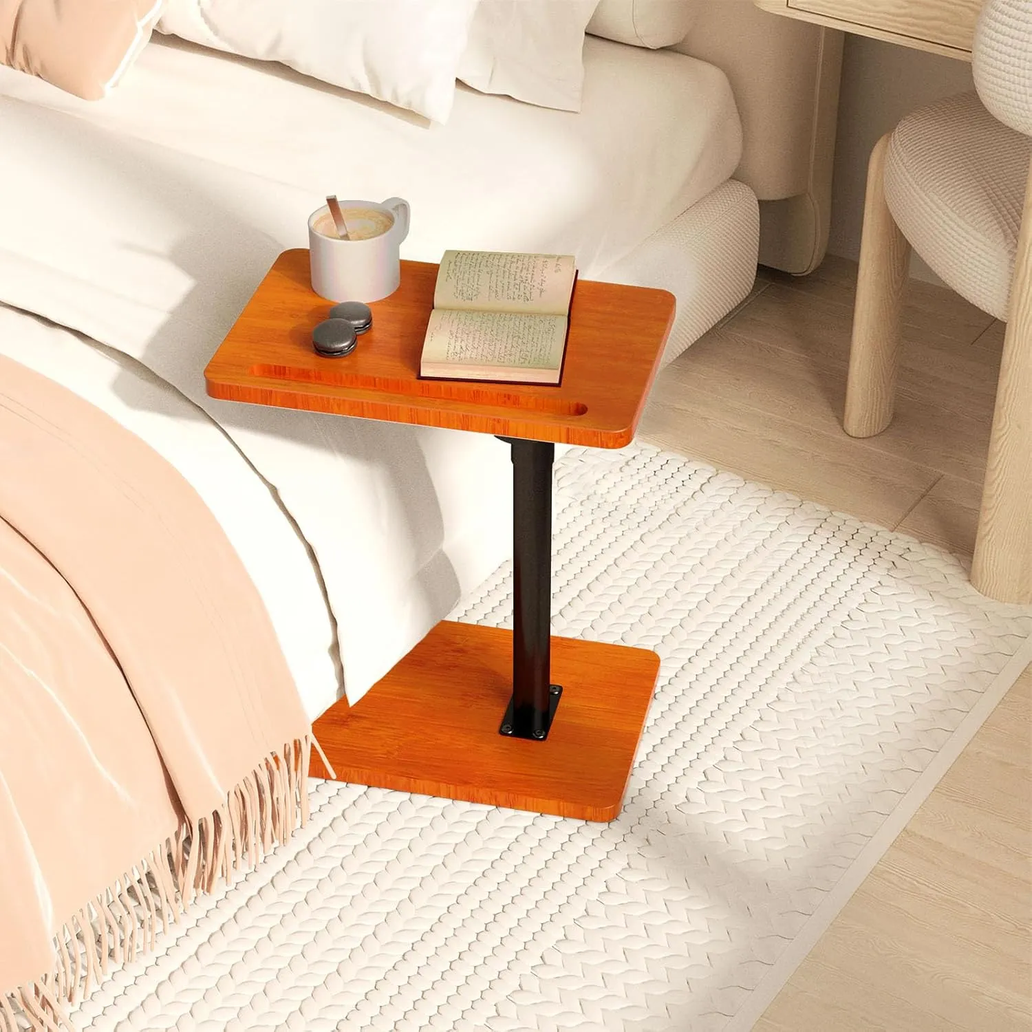 360° Rotatable Sofa Tray Table for Couch Arm - Height Adjustable End Table for Bed or Chair with Phone & Tablet Slots, TV Tray Table, Side Table Tray for Small Spaces（Mahogany,Rectangle）