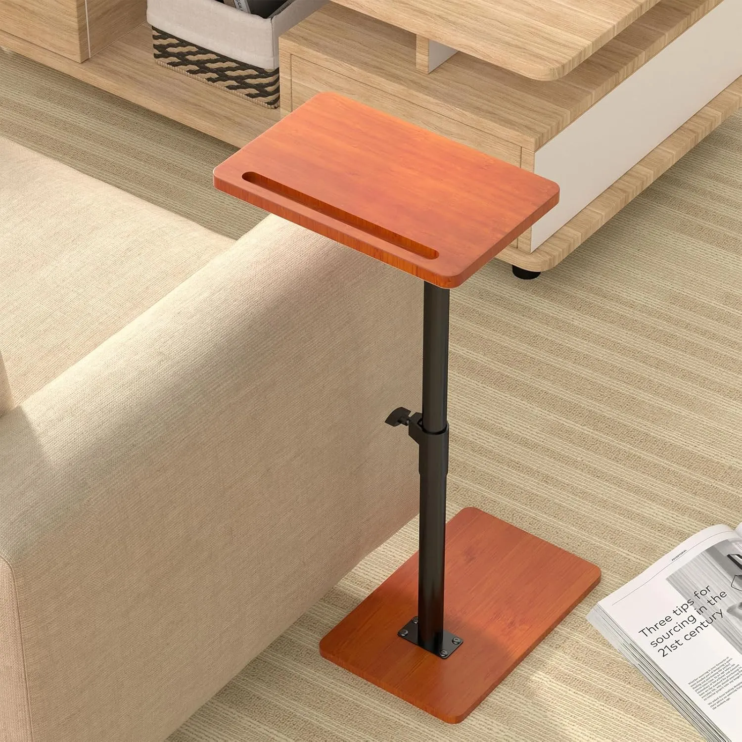 360° Rotatable Sofa Tray Table for Couch Arm - Height Adjustable End Table for Bed or Chair with Phone & Tablet Slots, TV Tray Table, Side Table Tray for Small Spaces（Mahogany,Rectangle）