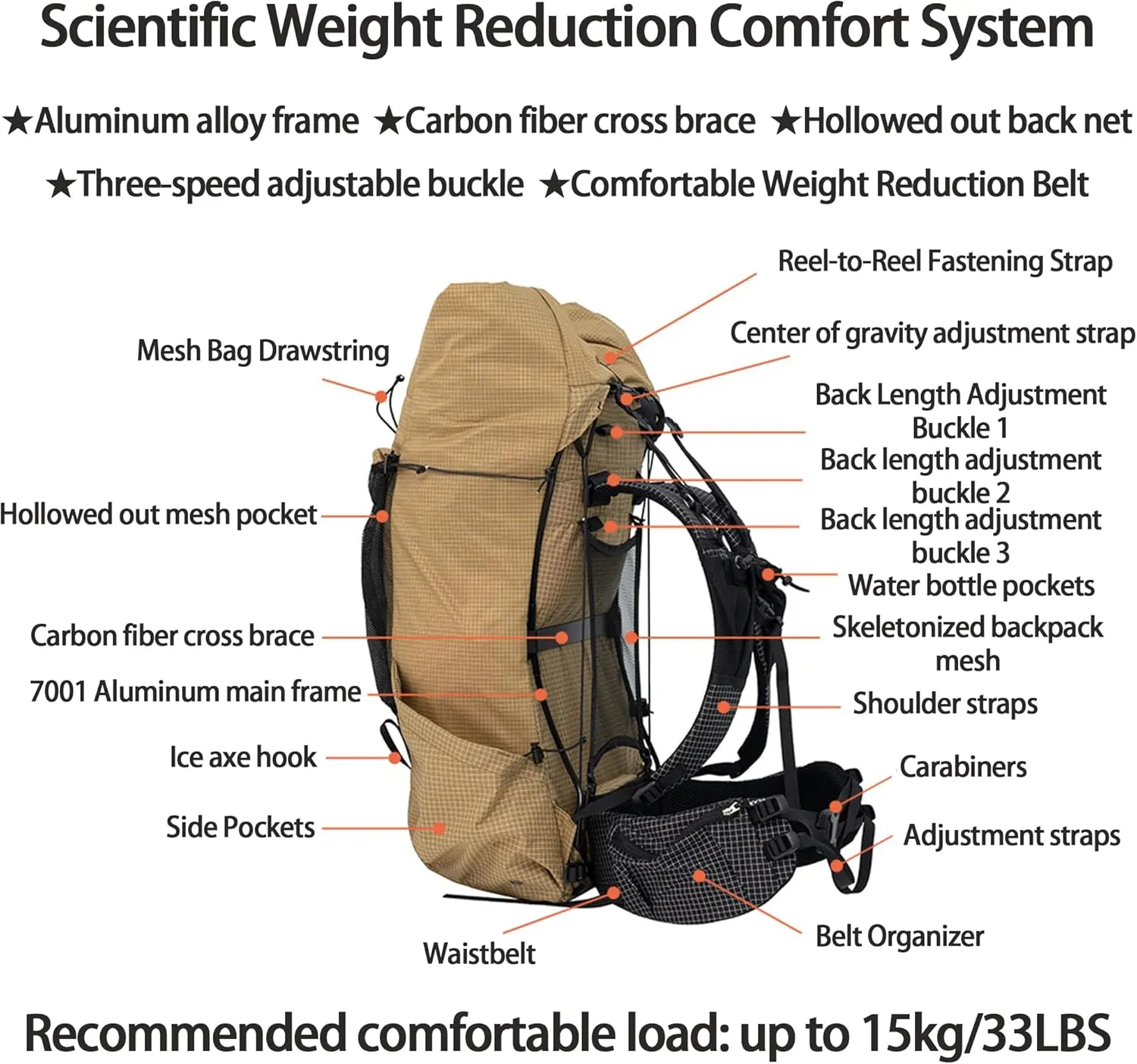 3F UL GEAR 35 10L Hiking Backpack, Outdoor Sport Travel Daypack for Men & Women, Lightweight Hiking Backpack for Hiking (Khaki, L)
