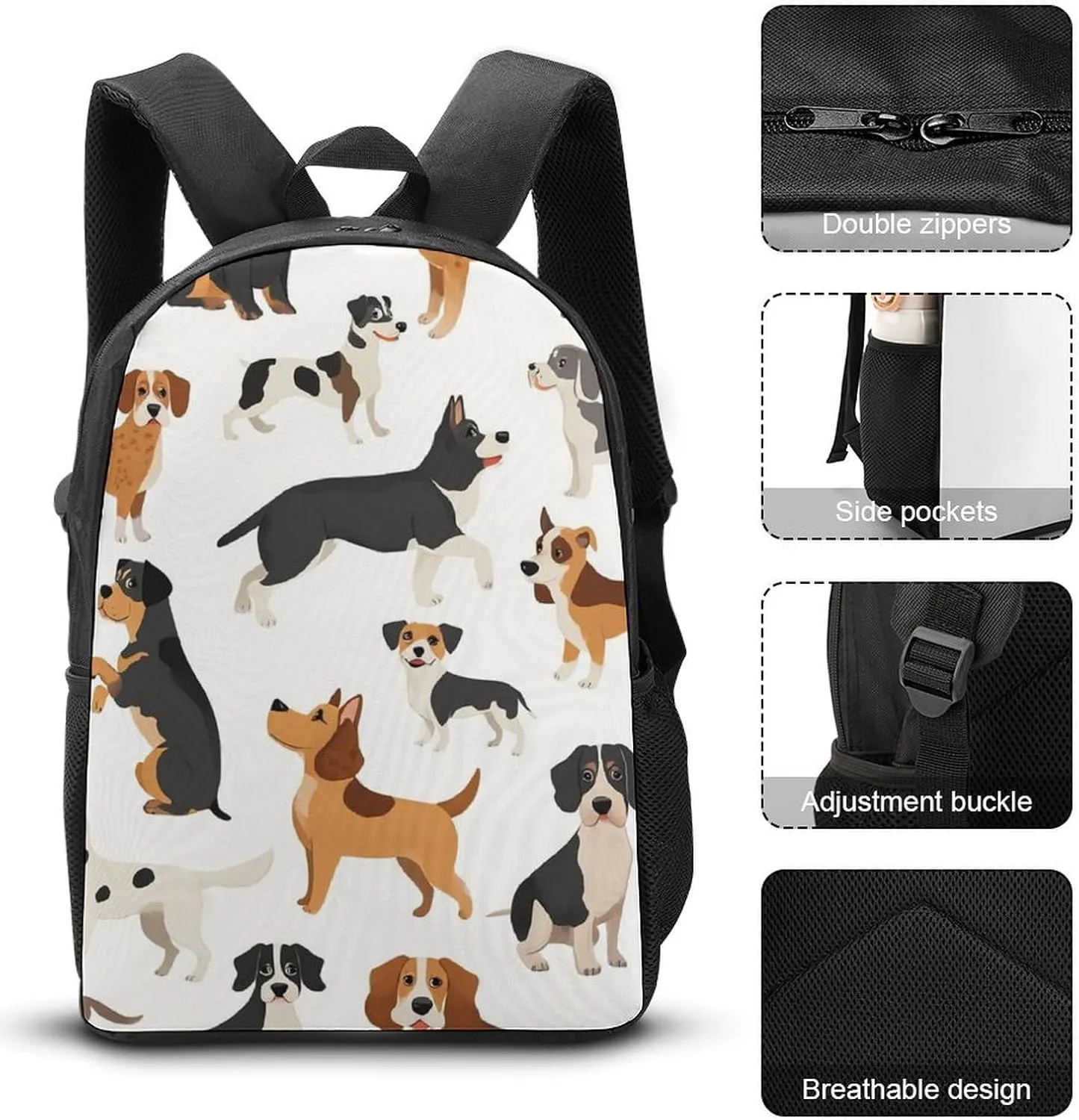 3PCS Backpacks Set, Large Capacity Travel Daypack 17 Inch Affenpinscher Airedale Terrier Australian Cattle Dog Insulated Lunch Bag Lightweight Compact Pencil Pen Case