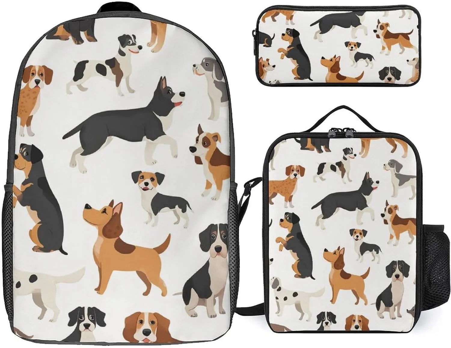 3PCS Backpacks Set, Large Capacity Travel Daypack 17 Inch Affenpinscher Airedale Terrier Australian Cattle Dog Insulated Lunch Bag Lightweight Compact Pencil Pen Case
