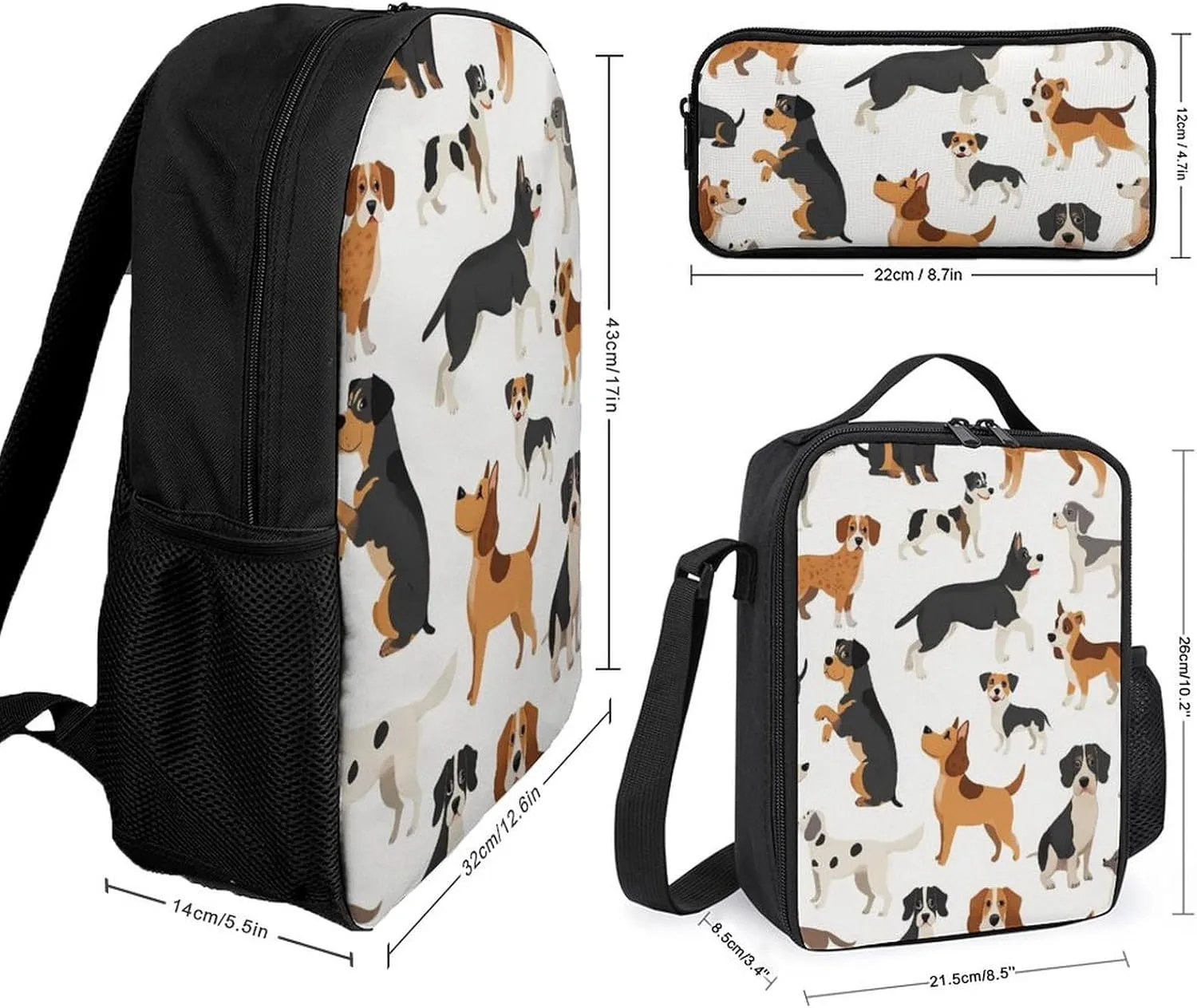 3PCS Backpacks Set, Large Capacity Travel Daypack 17 Inch Affenpinscher Airedale Terrier Australian Cattle Dog Insulated Lunch Bag Lightweight Compact Pencil Pen Case