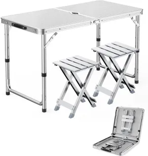 3Pcs Camping Fur Recreation Folding Stool Set with Height Adjustable Table Foldable Portable Picnic Table with 2 Stools for BBQ Garden Parties
