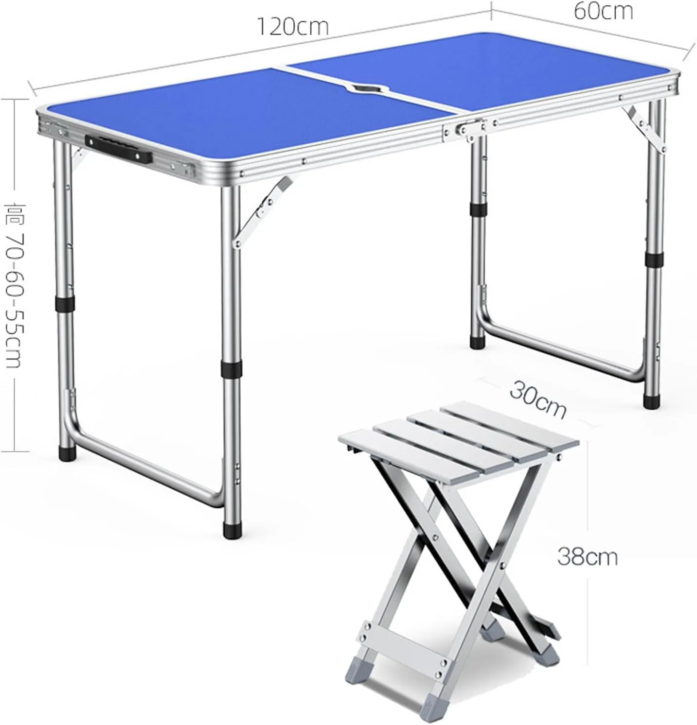 3Pcs Camping Fur Recreation Folding Stool Set with Height Adjustable Table Foldable Portable Picnic Table with 2 Stools for BBQ Garden Parties