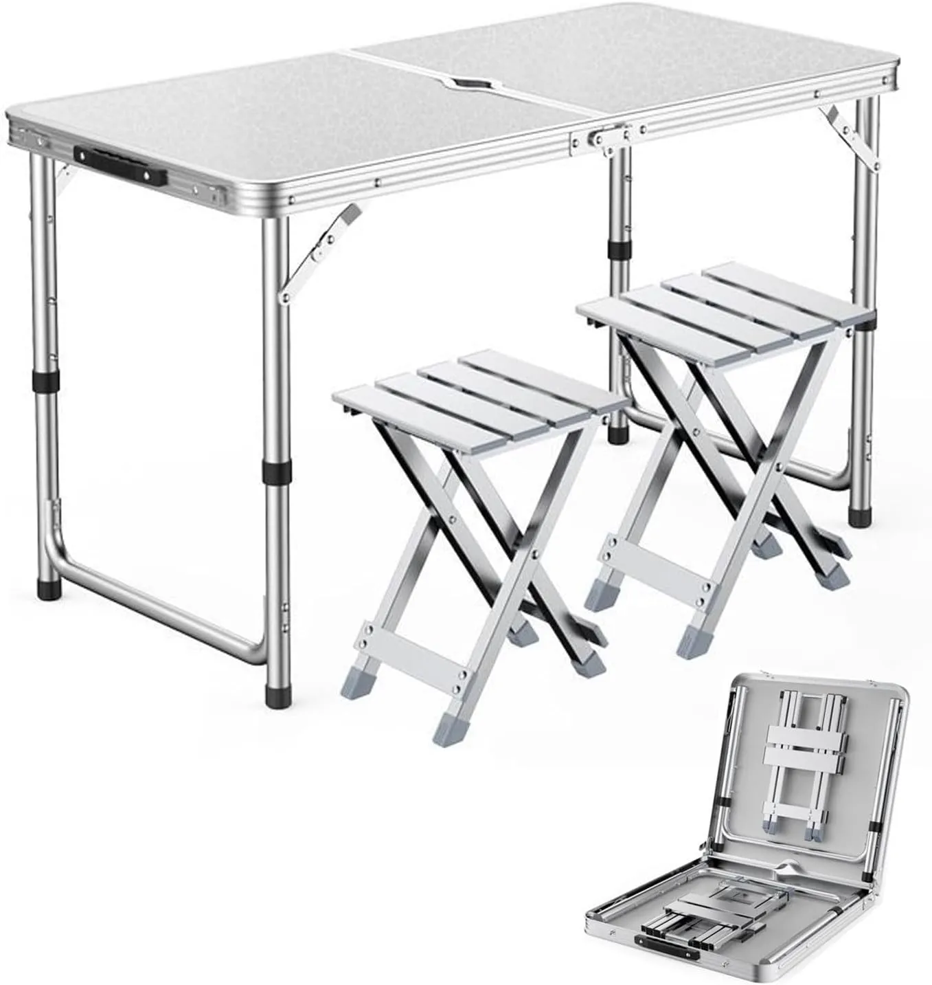 3Pcs Camping Fur Recreation Folding Stool Set with Height Adjustable Table Foldable Portable Picnic Table with 2 Stools for BBQ Garden Parties