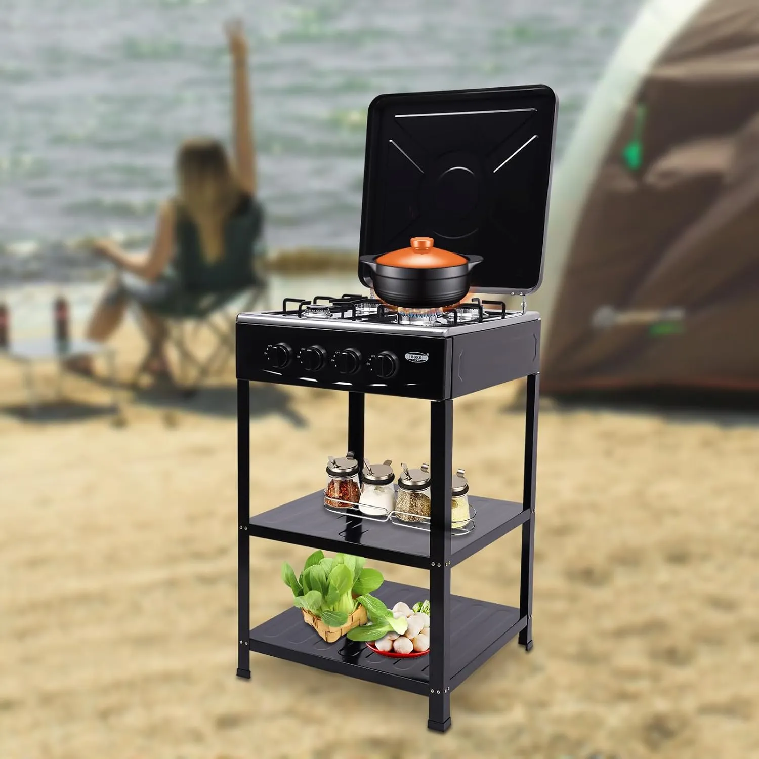 4 Burner Gas Stove Commercial Restaurant Kitchen Stand Cooking Gas Stove Set with Cover Propane Burner Camp Stove Outdoor Stove with Removable Storage Stand for Camping Picnic Home RV Cooking (Black)