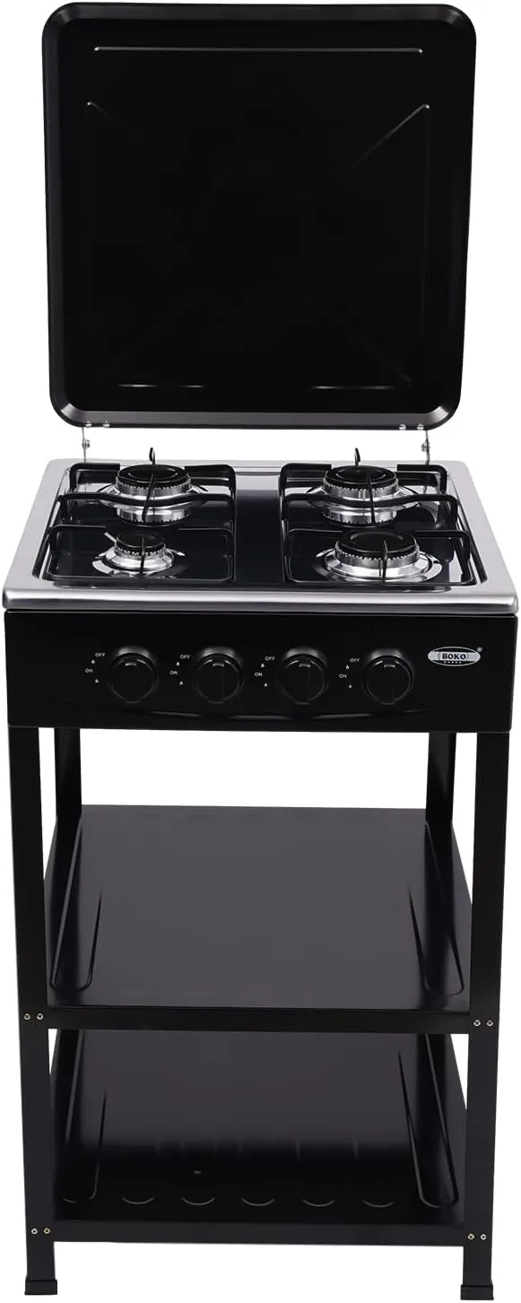 4 Burner Gas Stove Commercial Restaurant Kitchen Stand Cooking Gas Stove Set with Cover Propane Burner Camp Stove Outdoor Stove with Removable Storage Stand for Camping Picnic Home RV Cooking (Black)
