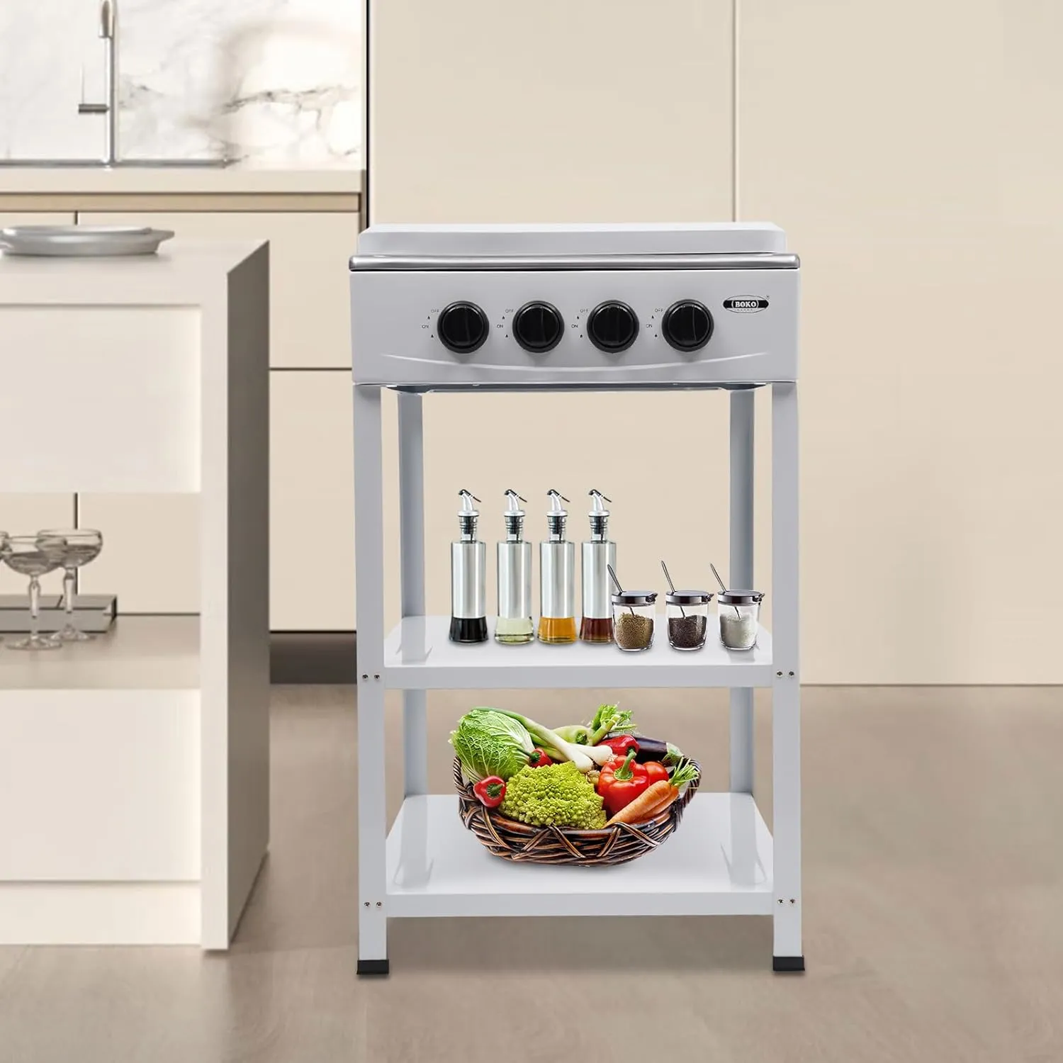 4 Burner Gas Stove Portable Natural Gas Camping Grill Stove Floor Standing Gas Cooktop with Storage Stand and Wind Blocking Cover Adapter Manual Ignition for Outdoor Camping RV,White
