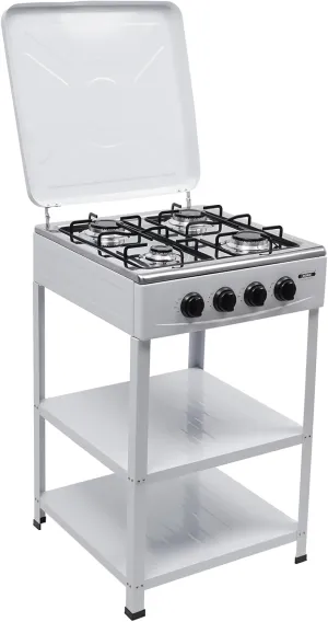 4 Burner Gas Stove Portable Natural Gas Camping Grill Stove Floor Standing Gas Cooktop with Storage Stand and Wind Blocking Cover Adapter Manual Ignition for Outdoor Camping RV,White