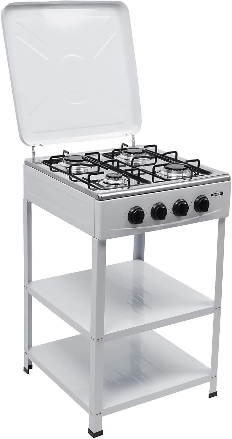4 Burner Gas Stove Portable Natural Gas Camping Grill Stove Floor Standing Gas Cooktop with Storage Stand and Wind Blocking Cover Adapter Manual Ignition for Outdoor Camping RV,White