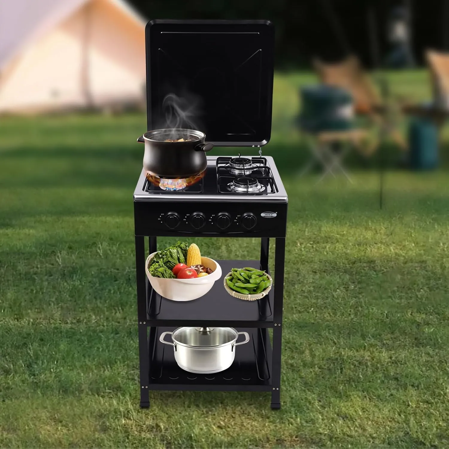 4 Burner Gas Stove Portable Natural Gas Camping Grill Stove Floor Standing Gas Cooktop with Storage Stand Wind Blocking Cover Adapter Manual Ignition for Outdoor Camping RV (4 Burner-Black)