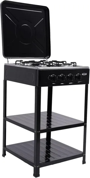 4 Burner Gas Stove Portable Natural Gas Camping Grill Stove Floor Standing Gas Cooktop with Storage Stand Wind Blocking Cover Adapter Manual Ignition for Outdoor Camping RV (4 Burner-Black)